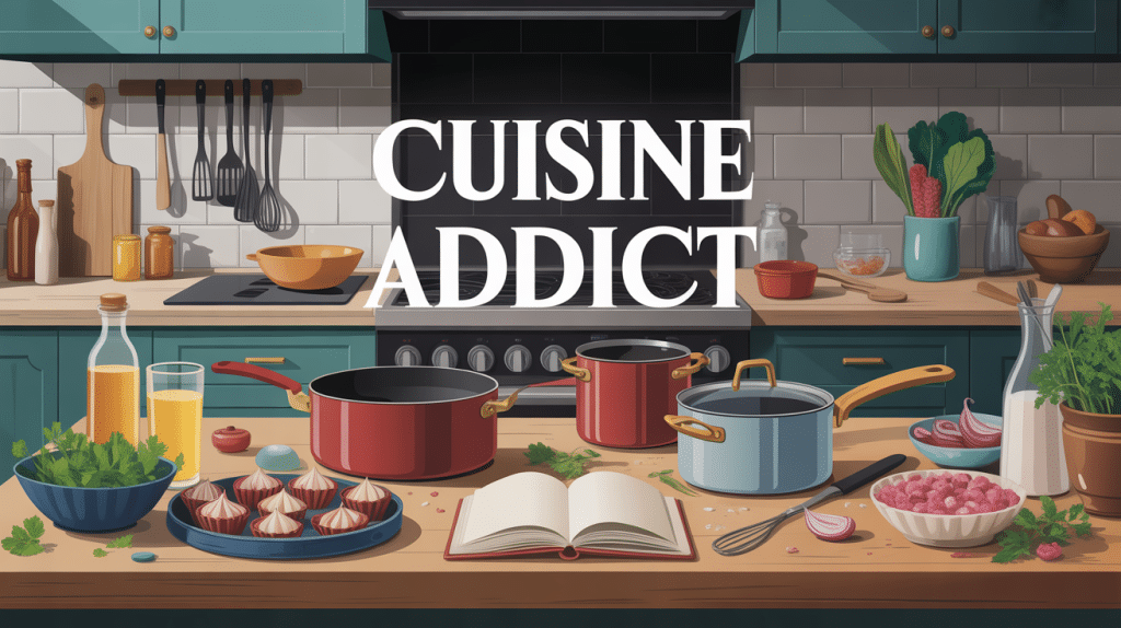 Cuisine moderne avec ustensiles cuisine addict professionnels sur plan de travail