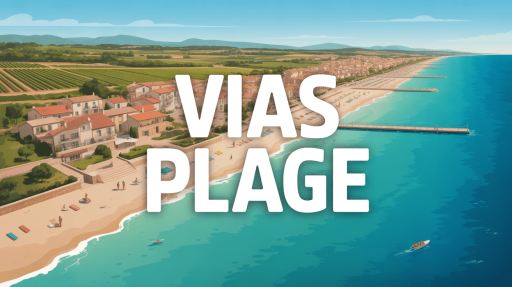 Vue panoramique de Vias plage avec plages de sable fin et village typique