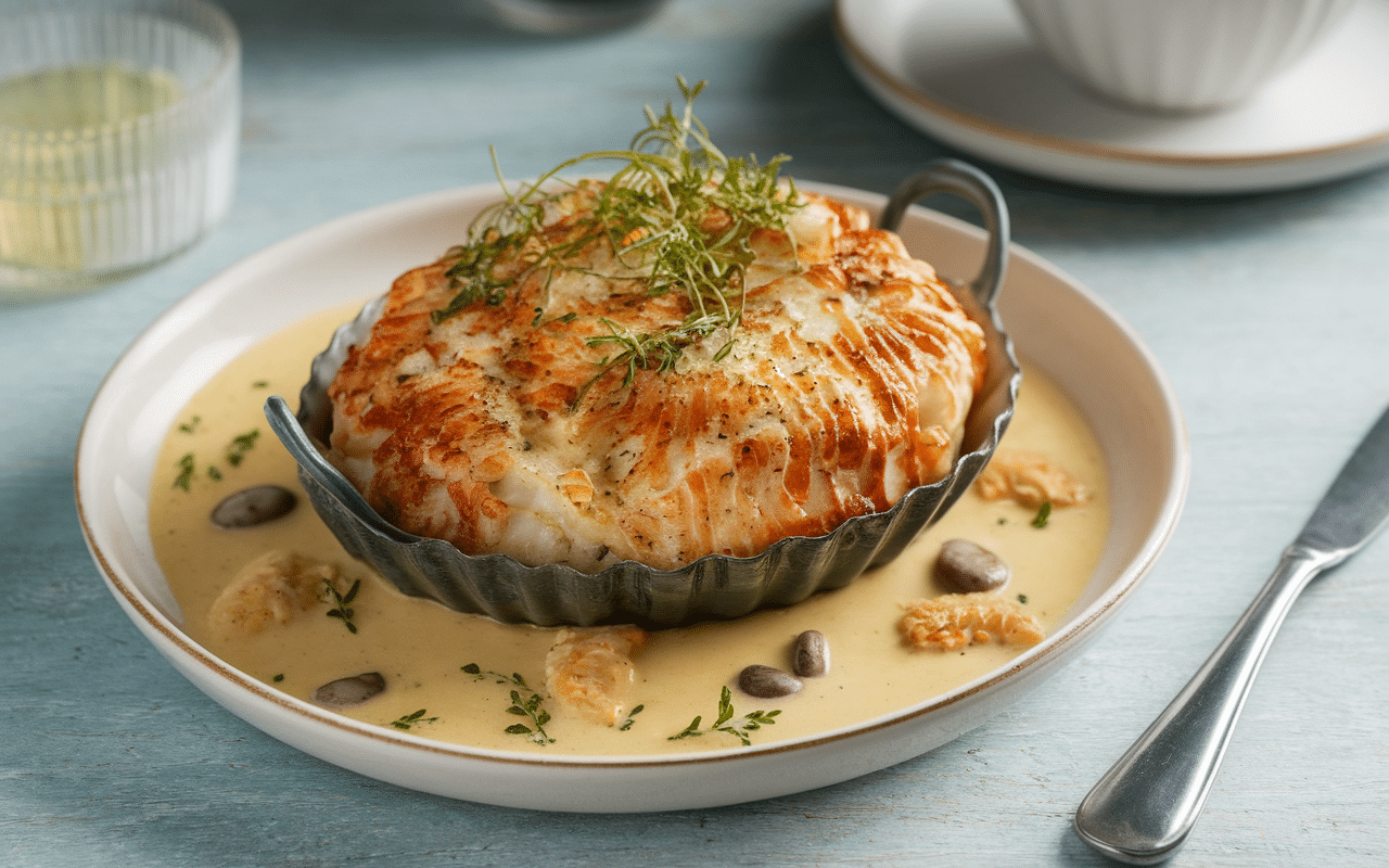 Gratinée coquille Saint-Jacques normande avec crème et champignons