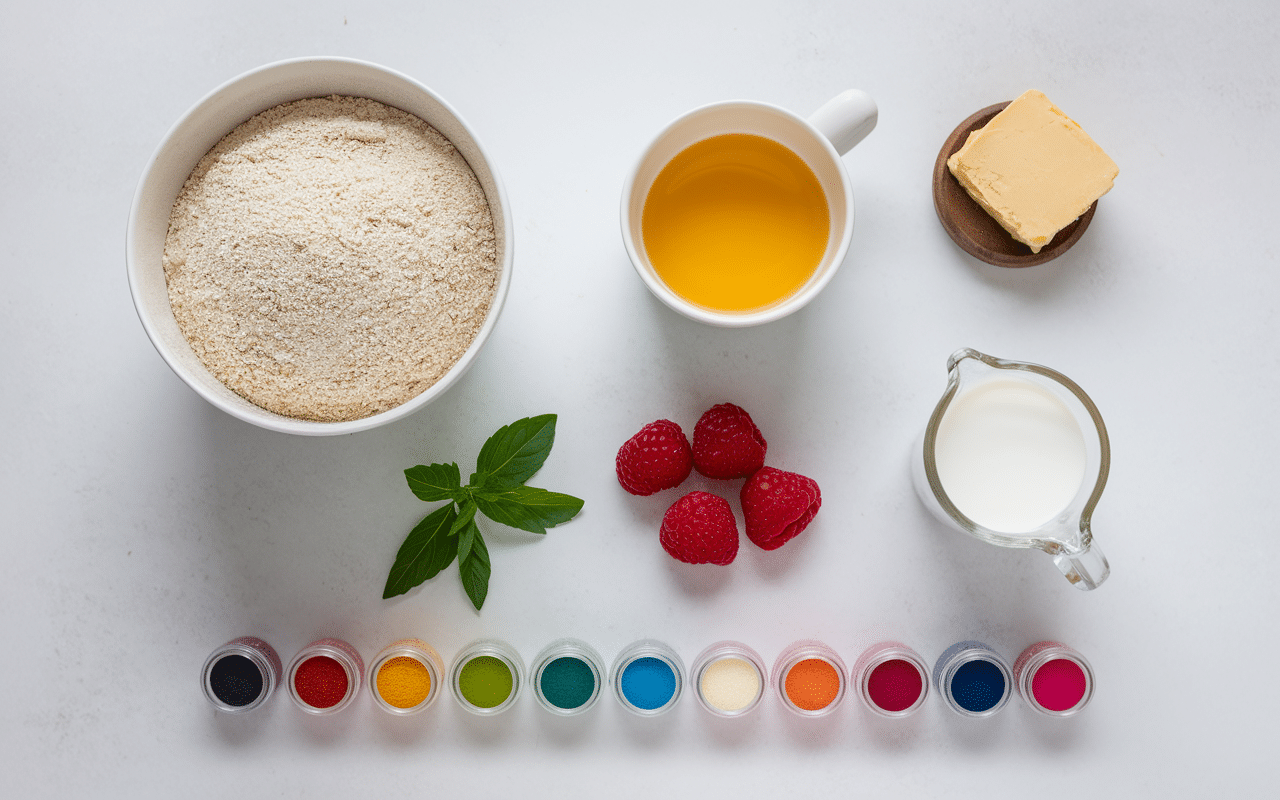Ingrédients gaufre arc en ciel avec framboises et basilic