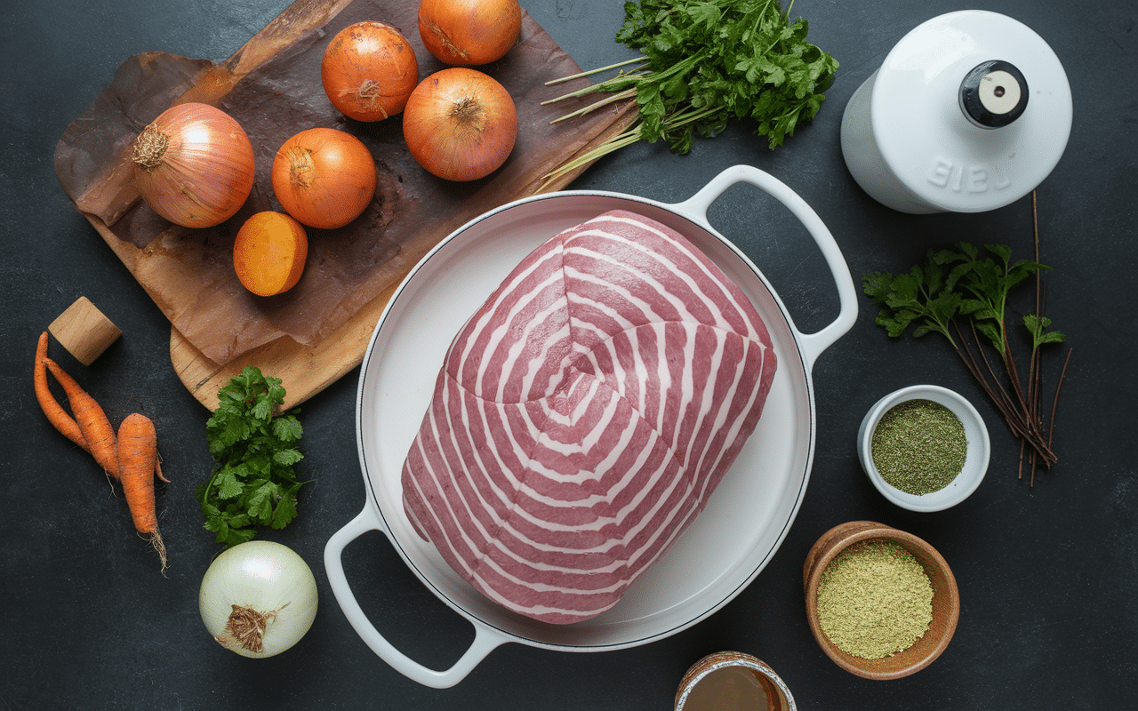 Ingrédients pour rouelle de porc confite sur plan de travail