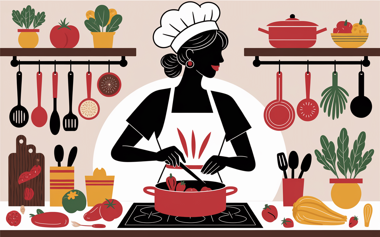 Maria cuisinant dans une cuisine rustique