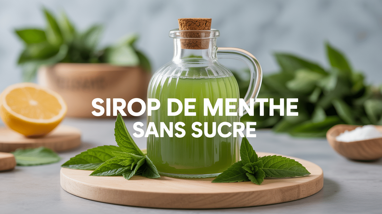 Bouteille de sirop de menthe sans sucre avec feuilles de menthe sur plan de travail moderne