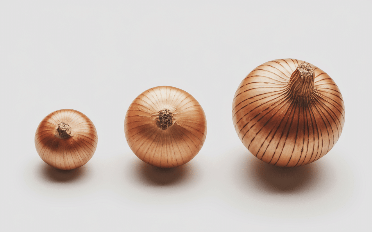 Trois oignons différentes tailles sur balance, poids oignon