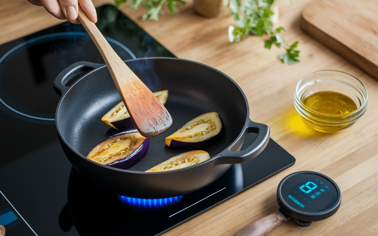 Cuisson dorée d’aubergine fondante à la poêle