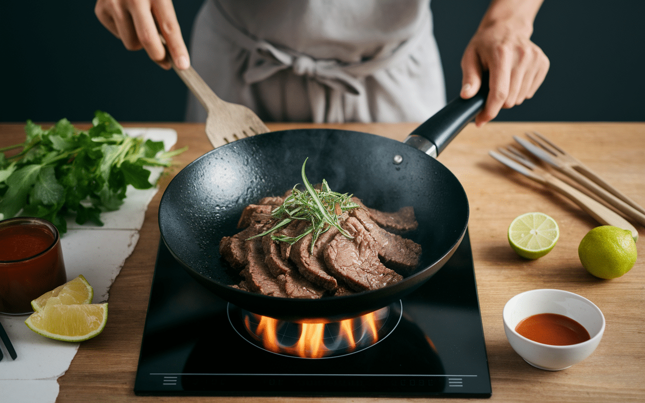 cuisine preparation lok lak boeuf wok