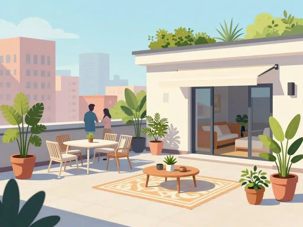 illustration toit terrasse maison ameublement léger et espace convivial