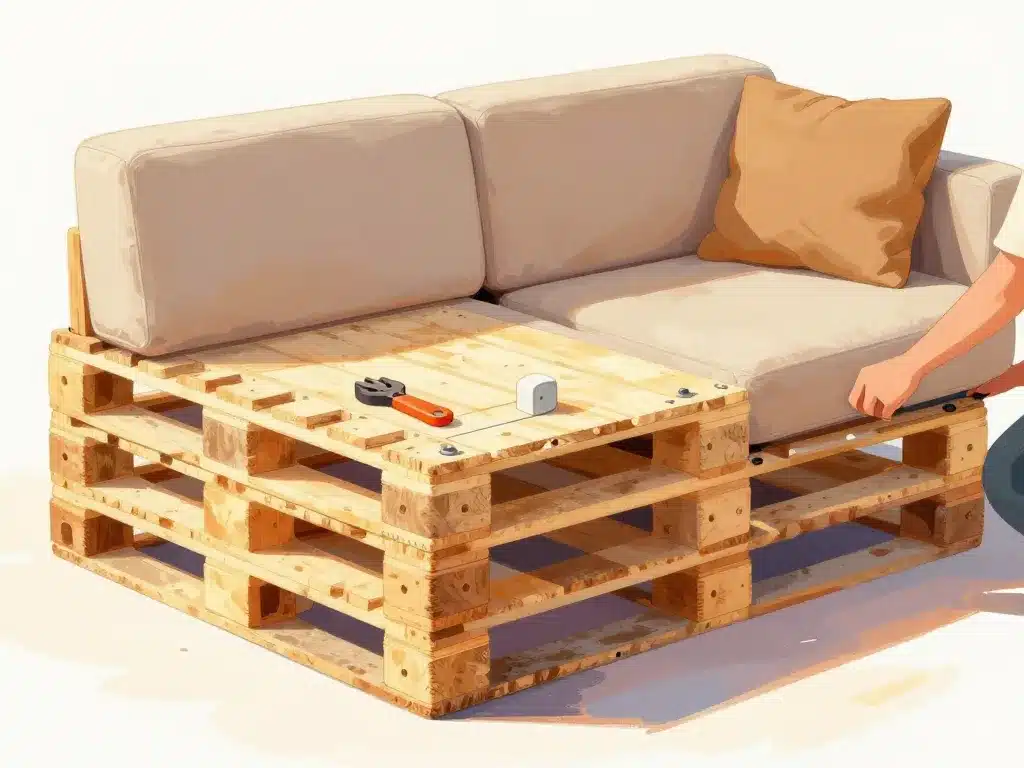 Assemblage canapé en palette avec coussins et outils