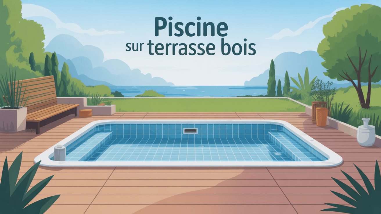 Piscine sur terrasse bois vue centrale avec éléments de sécurité