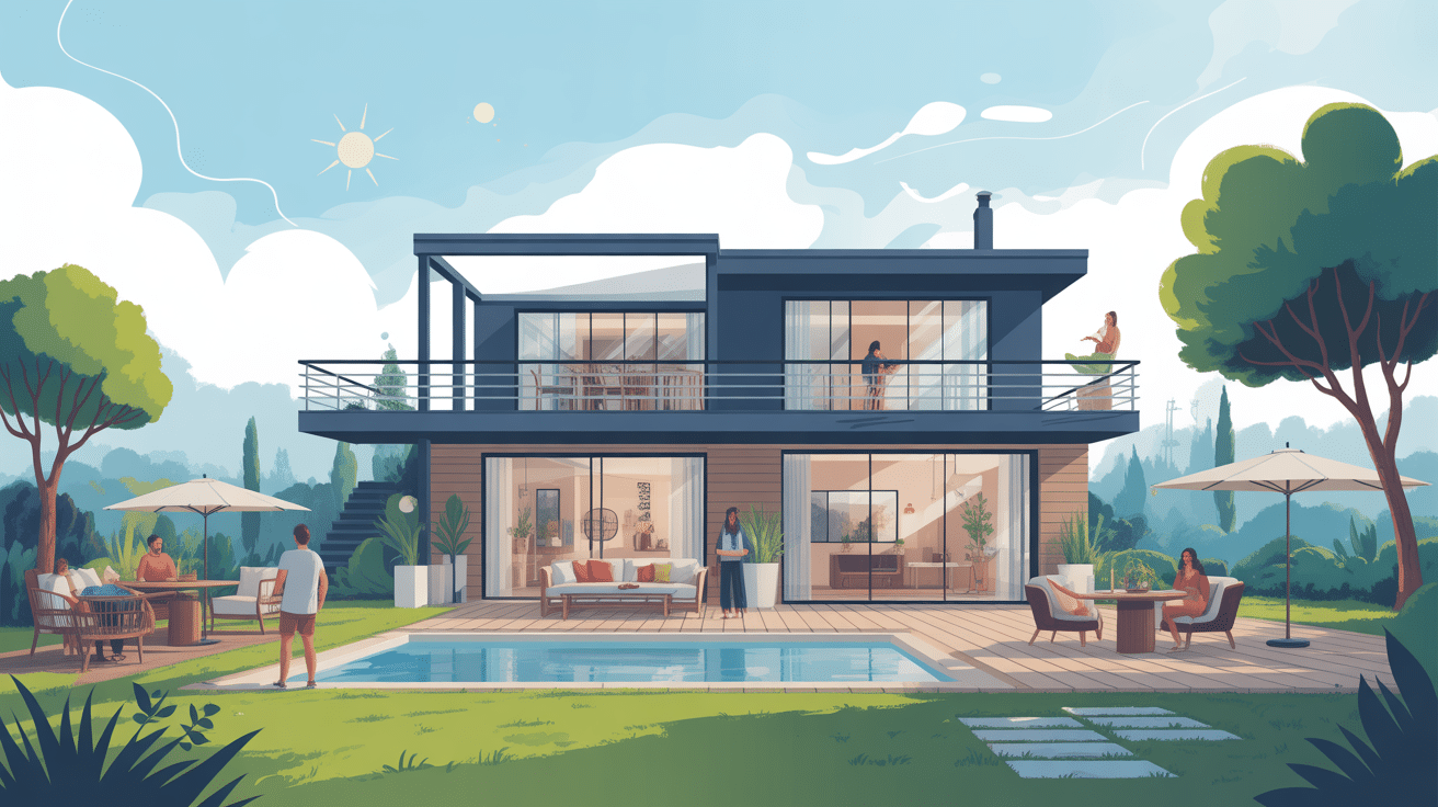 illustration toit terrasse maison avec mobilier et végétation