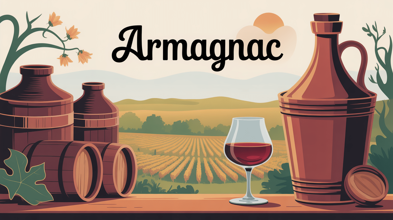 Illustration armagnac fûts verre tulipe vignes Sud-Ouest