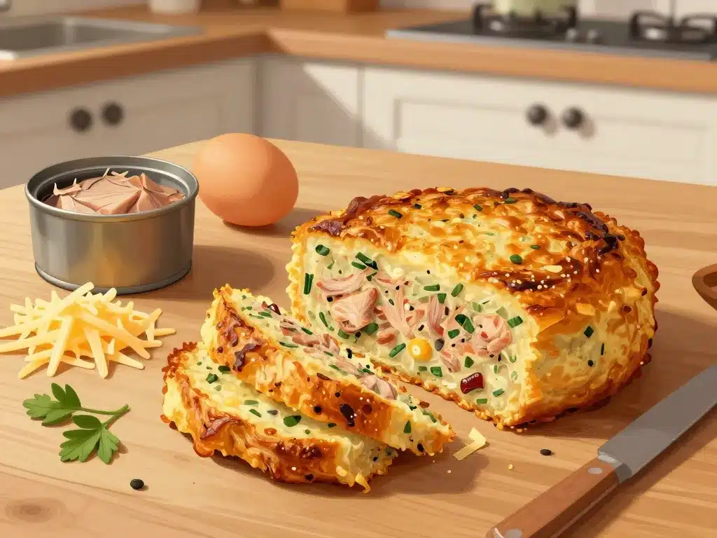 cake au thon moelleux tranché avec ingrédients clés