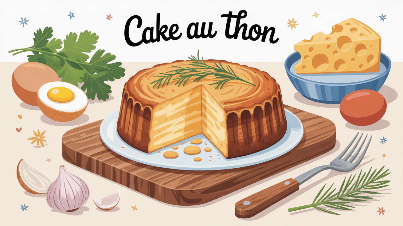 illustration cake au thon sur planche avec ingrédients