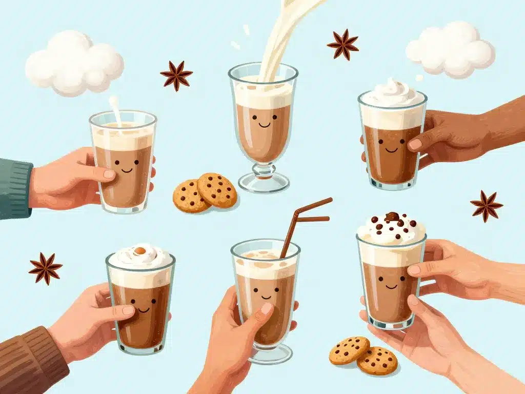 différentes variantes de chai latte et accompagnements gourmands