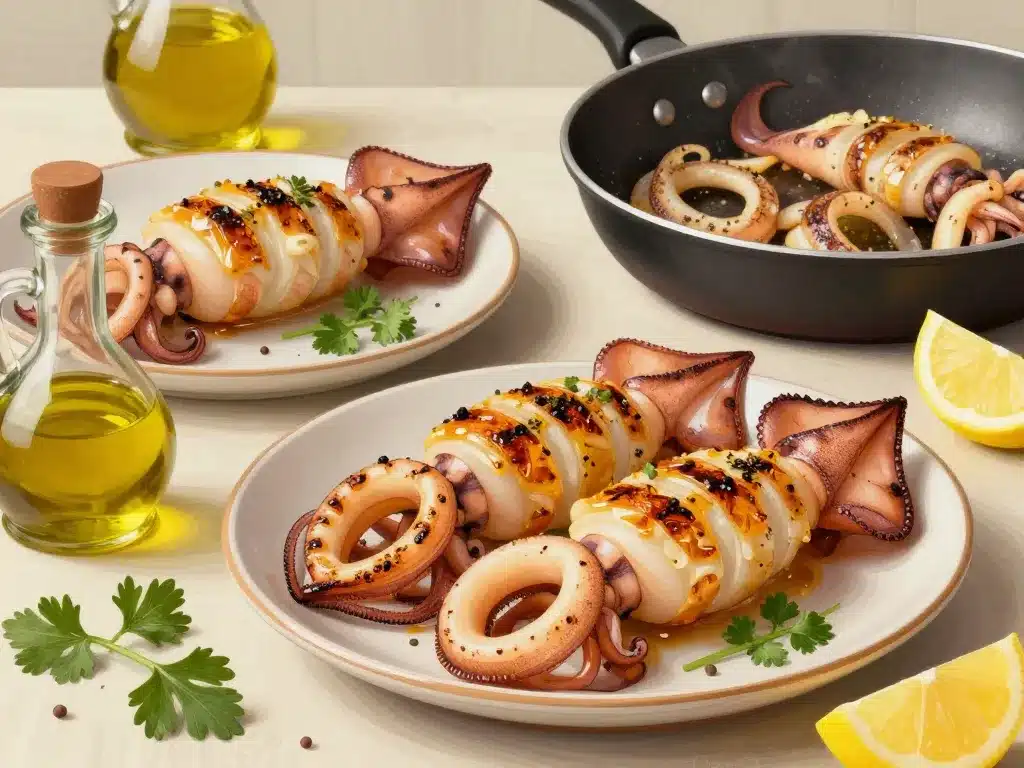 Dénré différents plats de calamar cuisiné méditerranéen