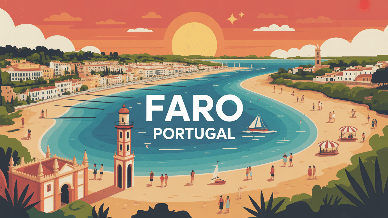 Vue stylisée de Faro Portugal avec lagune et architecture Algarve