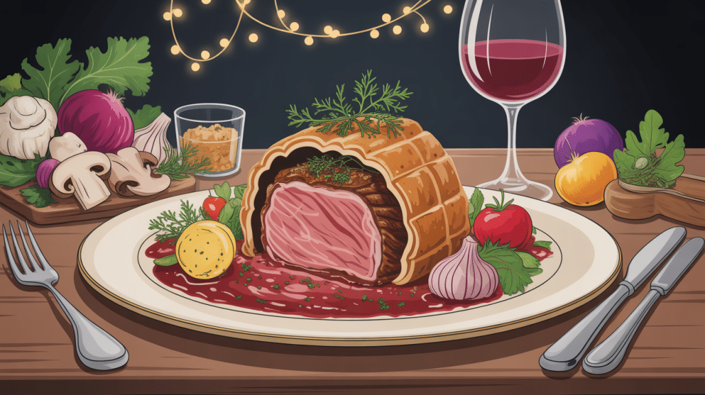 filet mignon en croute présenté avec garnitures raffinées