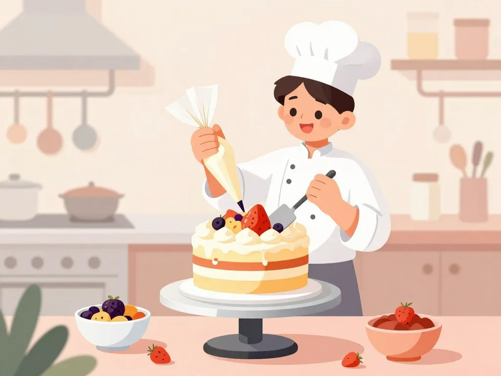 Pâtissier assemble et décore un layer cake sur plateau tournant