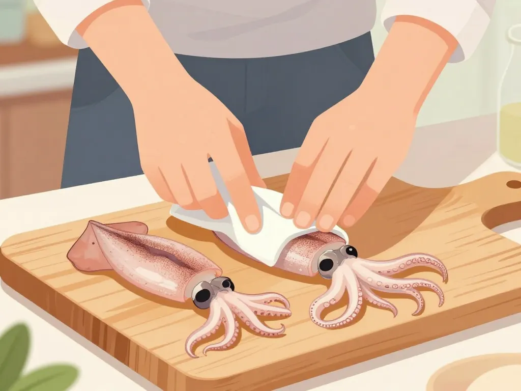Préparation nettoyage calamar sur planche cuisine