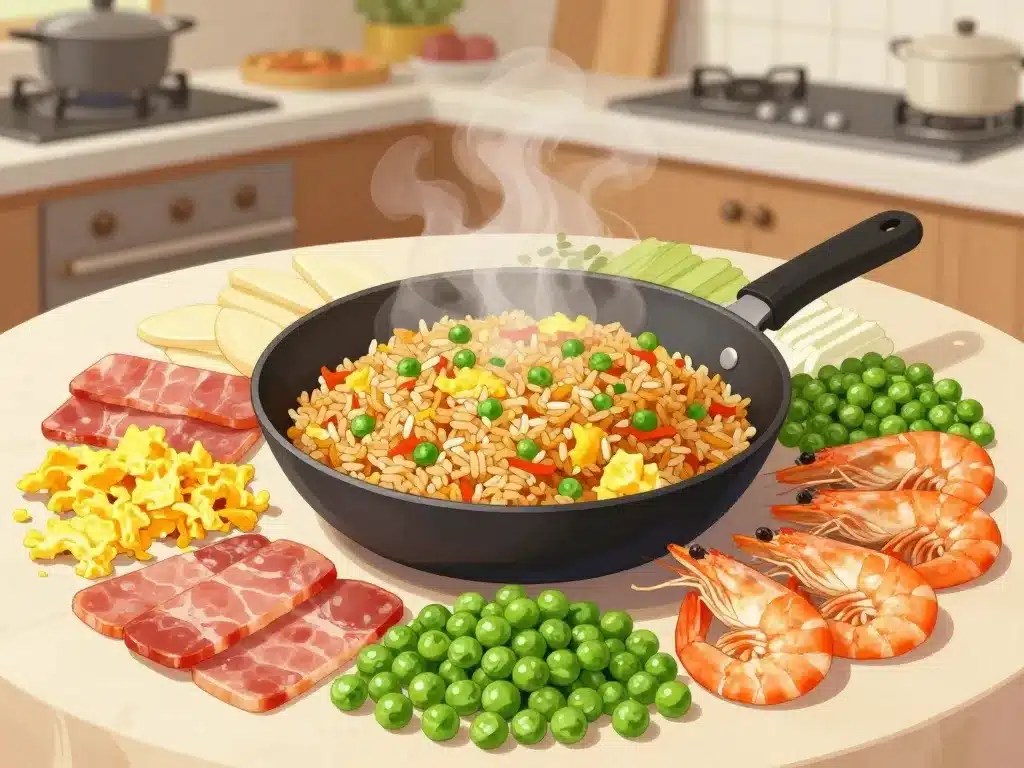 riz cantonais ingrédients disposés autour d’un wok