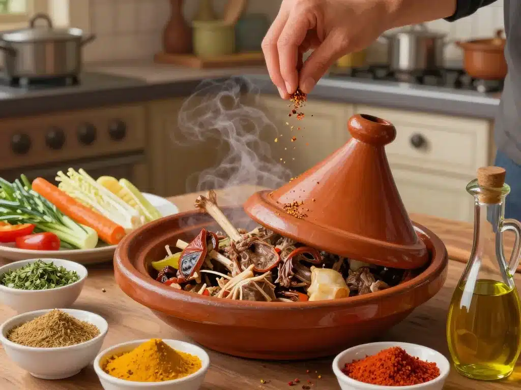 préparation tajine agneau avec épices et légumes