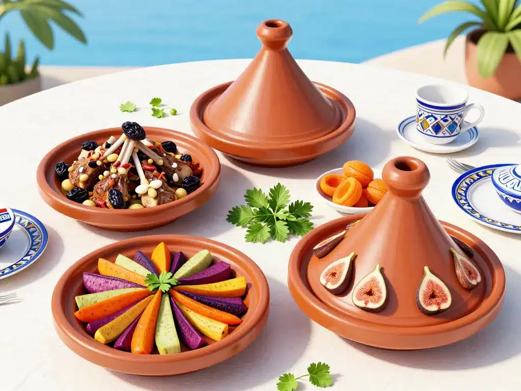 plats tajine agneau pruneaux légumes sur table marocaine