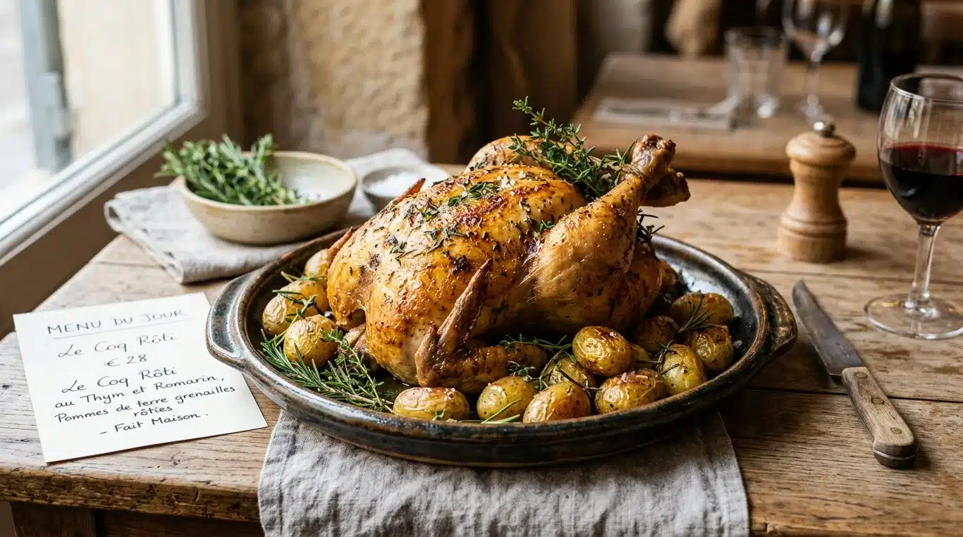 Coquelet rôti au four doré et croustillant sur un plat de service