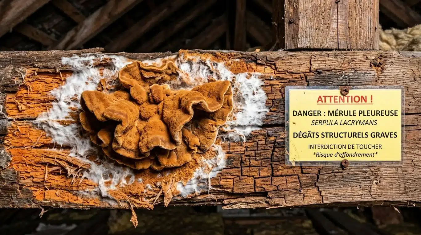 Signes visuels d'une infestation de mérule sur une poutre en bois : mycélium cotonneux et spores orangées