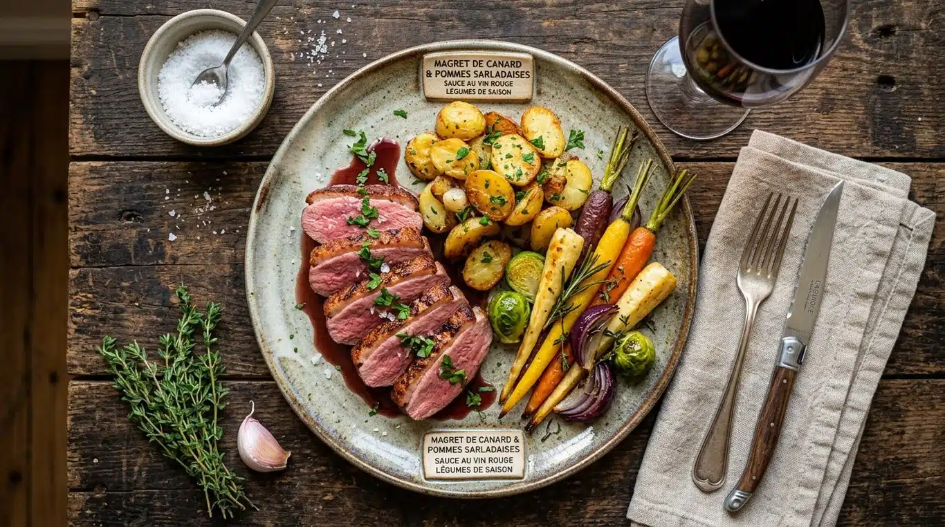 Assiette gourmande de magret de canard accompagné de pommes de terre sarladaises