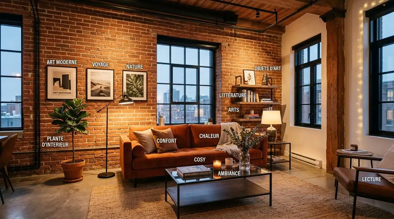 Mur en brique rouge dans un salon de style industriel