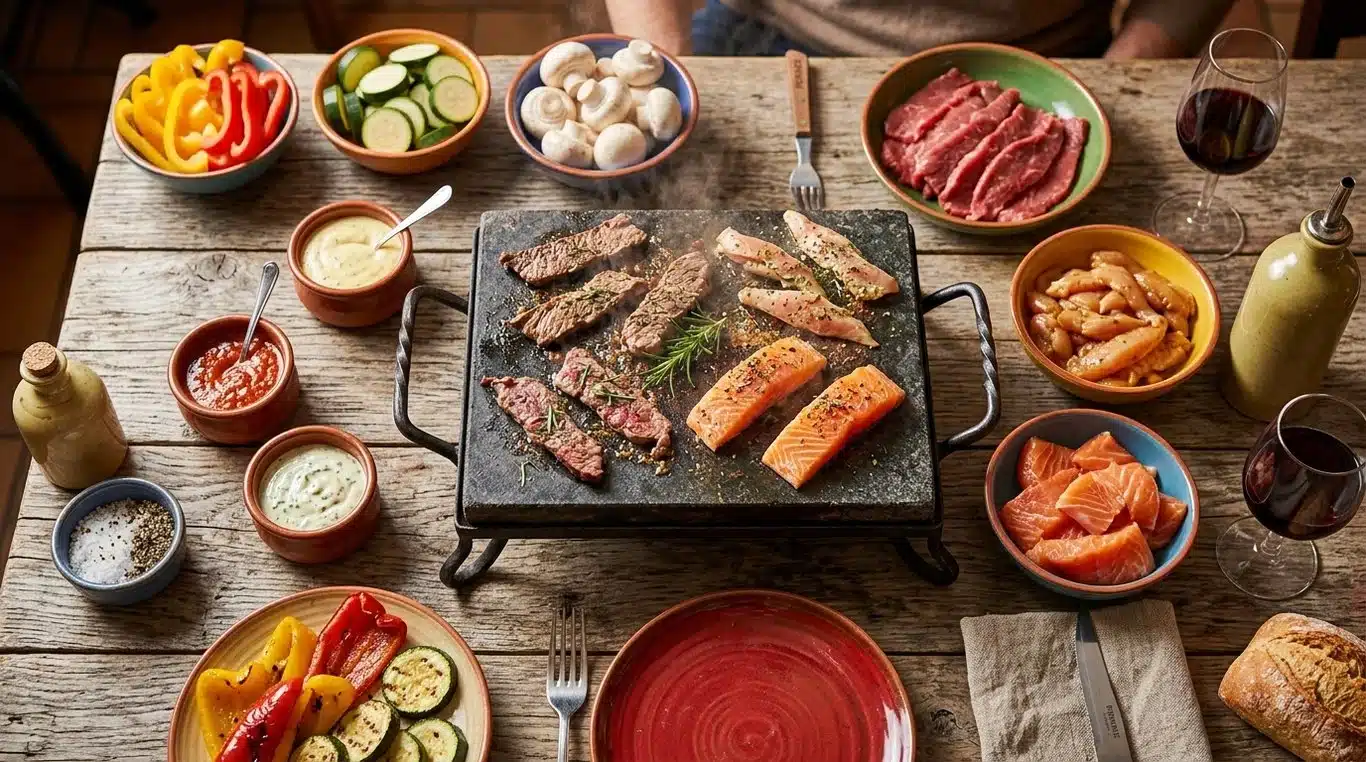 Plateau de pierrade varié avec viandes, poissons, légumes et sauces