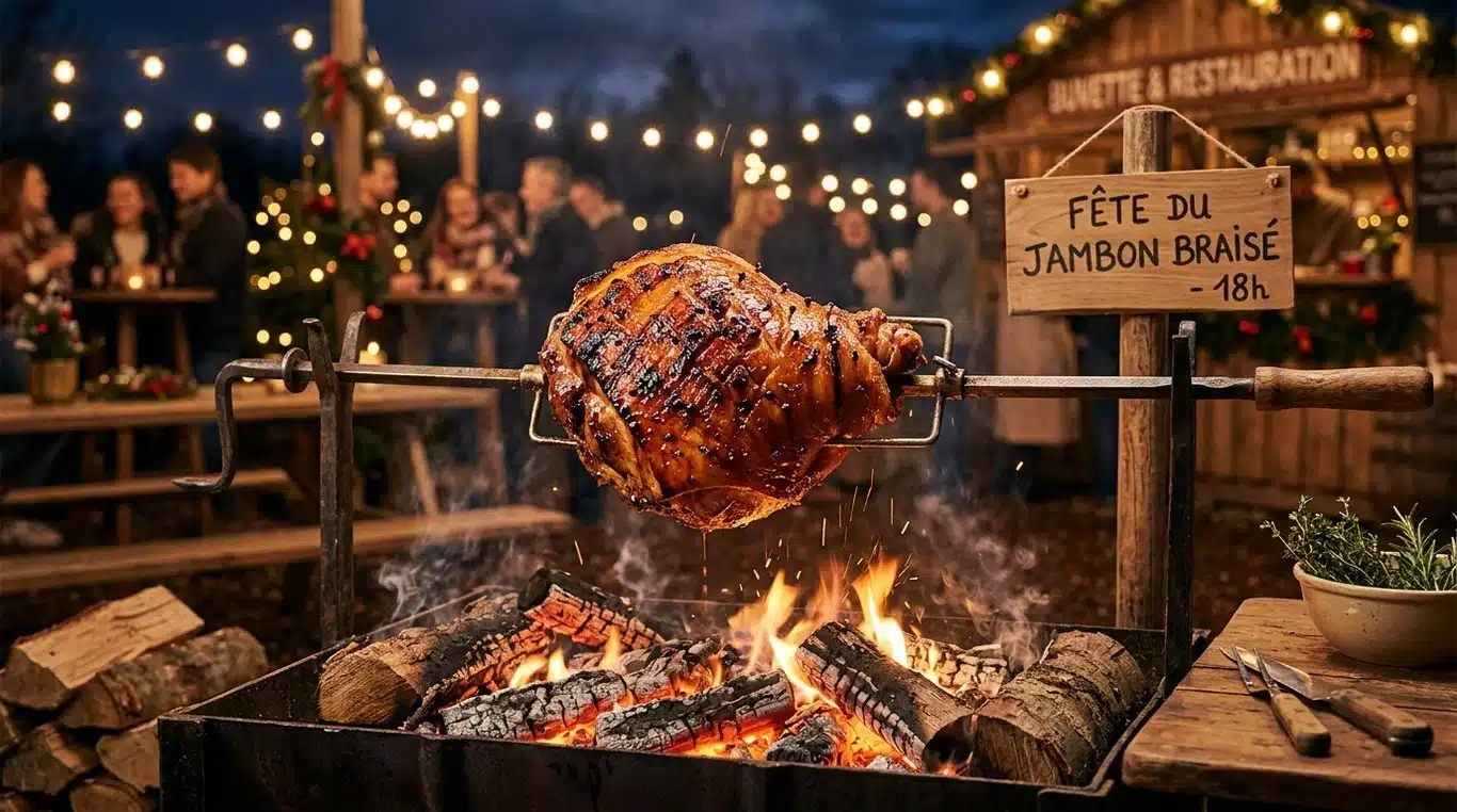 Jambon à la broche doré et croustillant cuisant au feu de bois