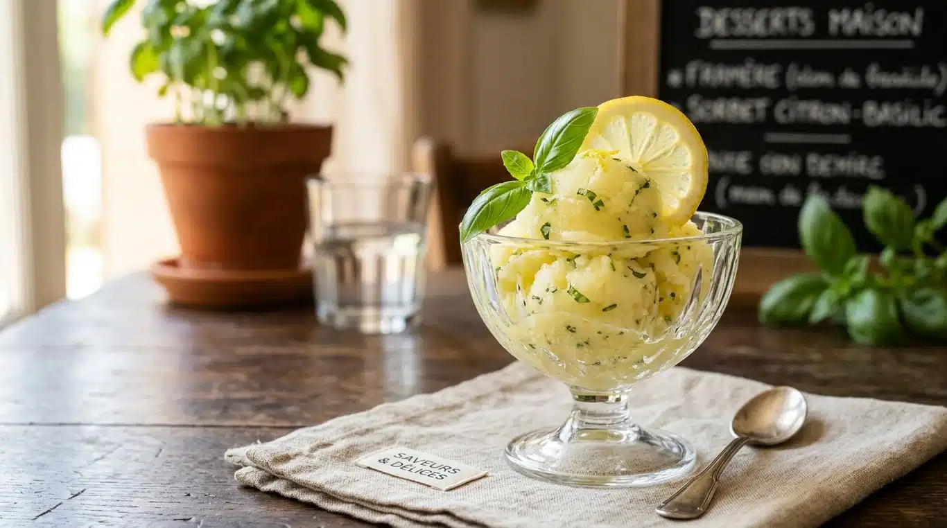 Sorbet citron basilic maison, présentation gastronomique