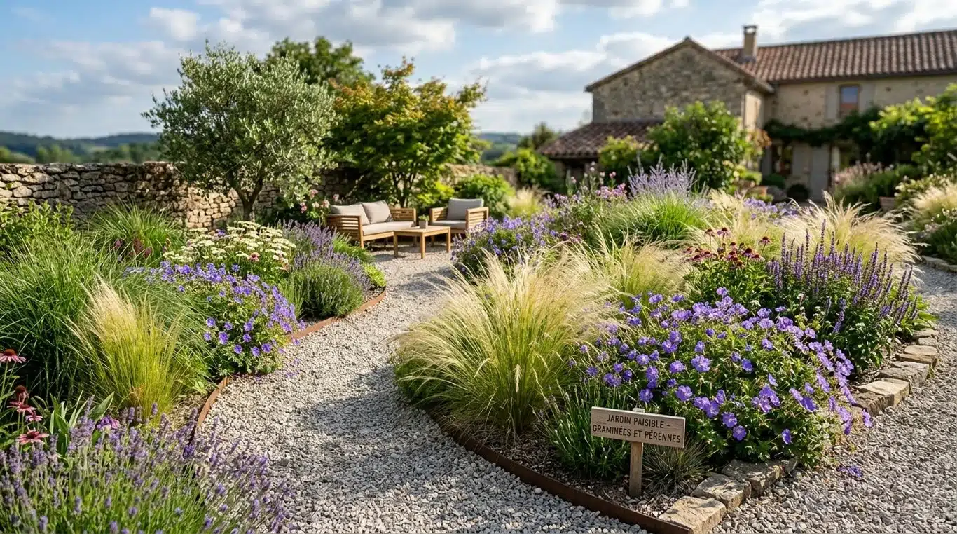 Un exemple de jardin facile à entretenir avec des graminées et des vivaces