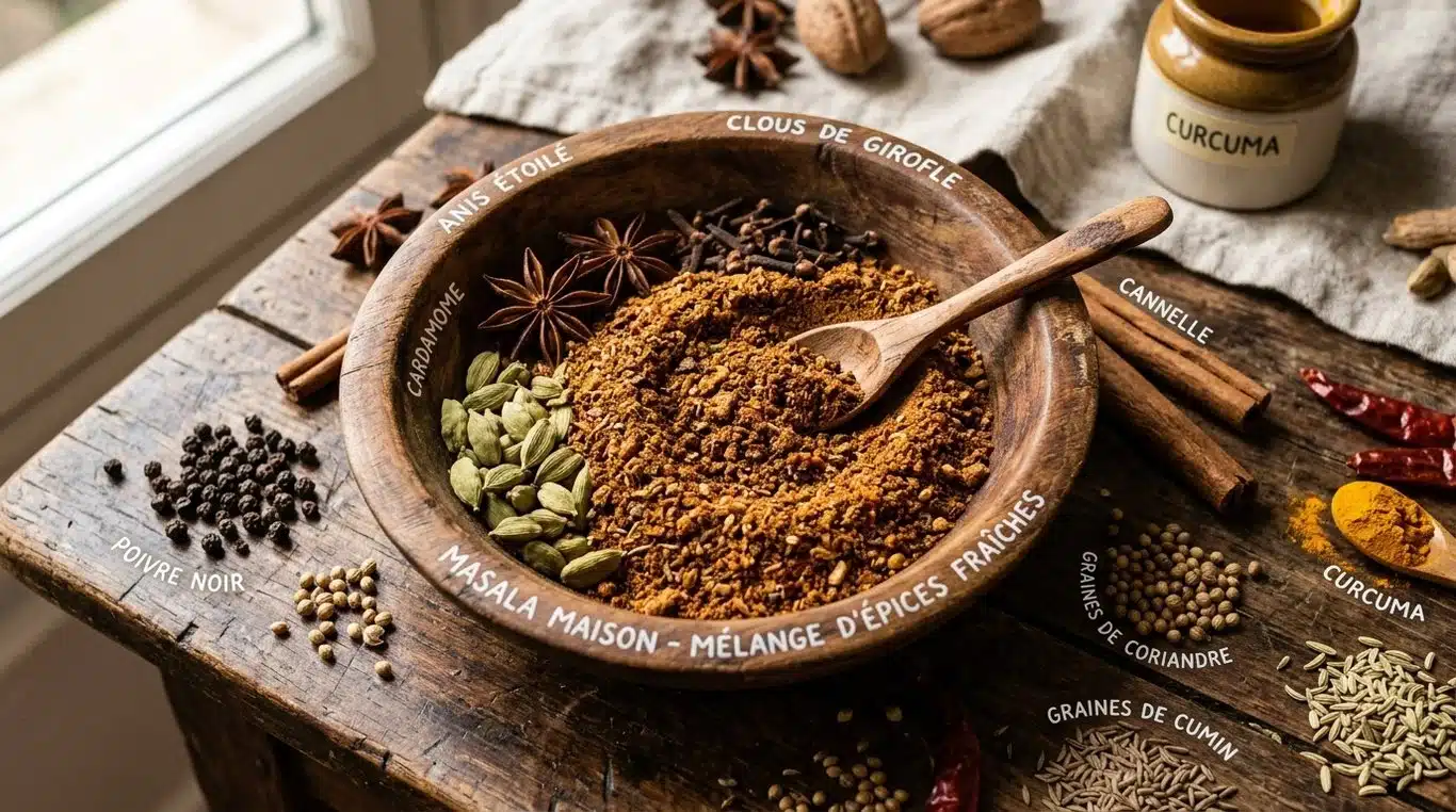 Bol de mélange d'épices massala fraîchement préparé avec des épices entières autour
