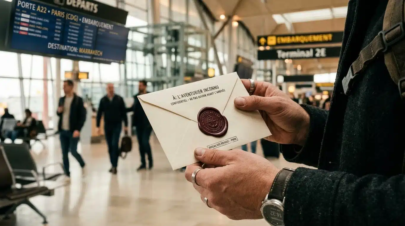 Voyageur ouvrant une enveloppe mystère à l'aéroport