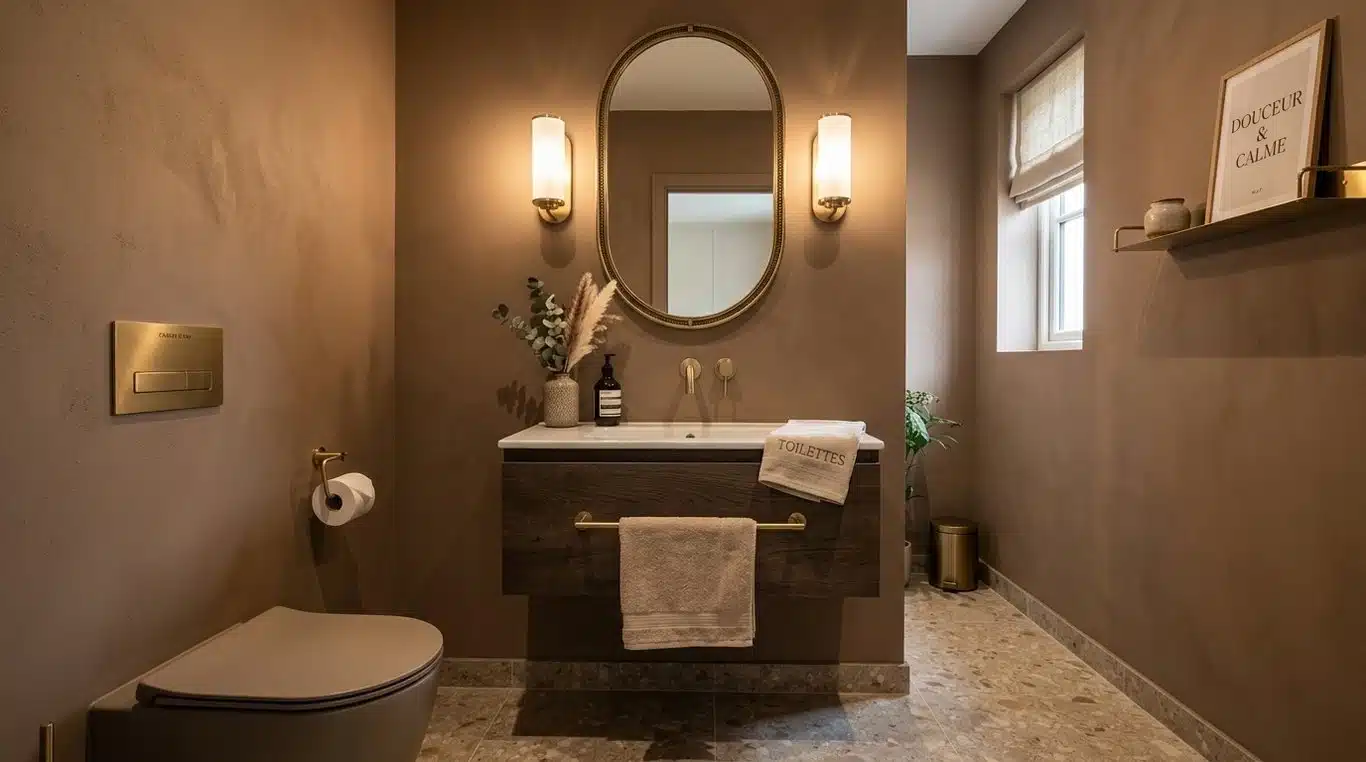 WC moderne avec décoration tendance couleur Mocha Mousse et robinetterie en laiton