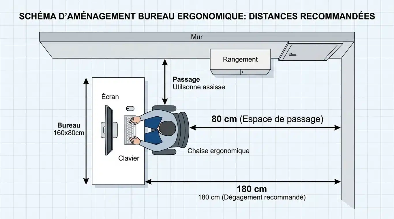 Schéma ergonomique illustrant les distances recommandées entre un bureau et un mur pour un espace de travail optimal.