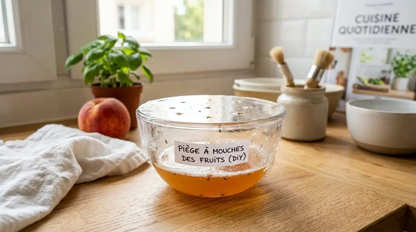 Piège à moucherons maison avec vinaigre de cidre et film étirable.