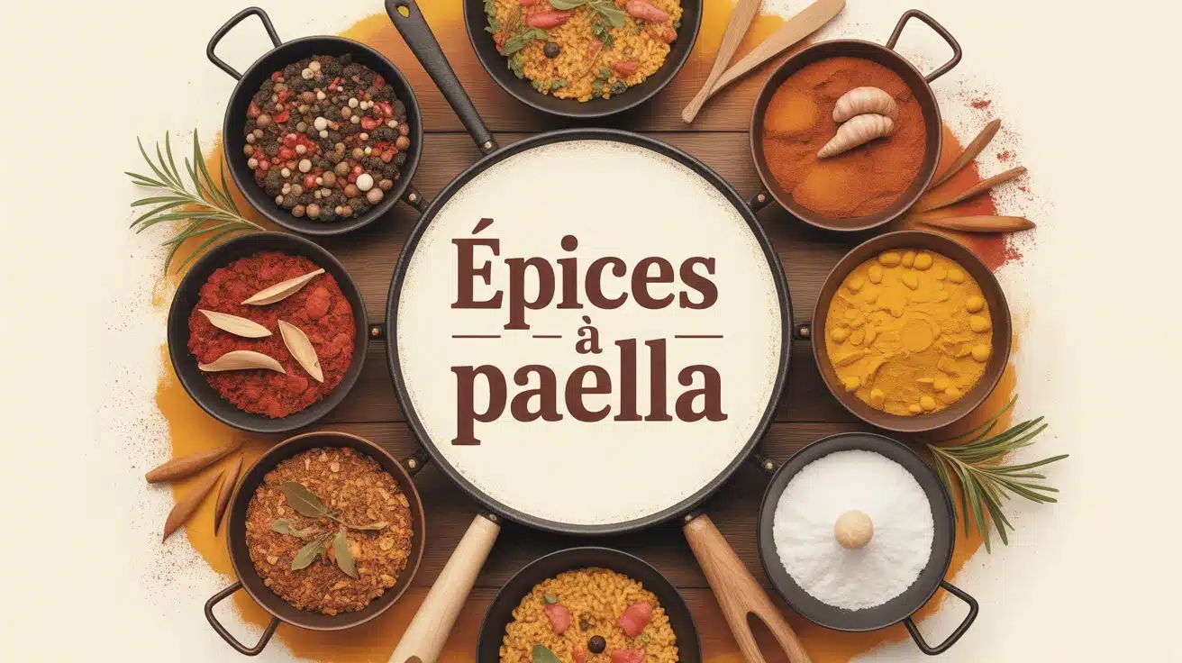Mélange d'épices à paella autour d'une poêle