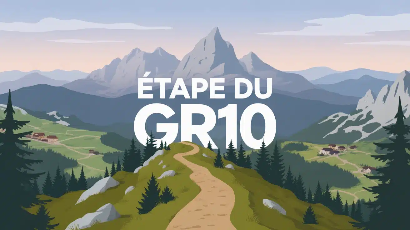 Vue stylisée étape du GR10 avec sentier et montagnes Pyrénées