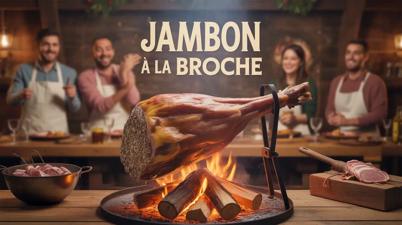 jambon à la broche doré suspendu sur broche au feu de bois