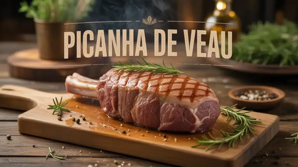 picanha de veau grillée avec croûte de gras dorée sur planche en bois