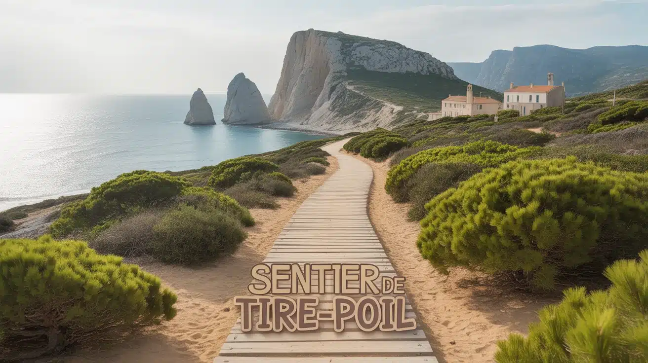 Sentier de Tire-Poil avec pins sculptés et falaises blanches