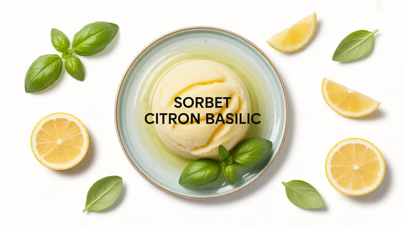 Sorbet citron basilic avec feuilles de basilic et tranches de citron sur assiette élégante