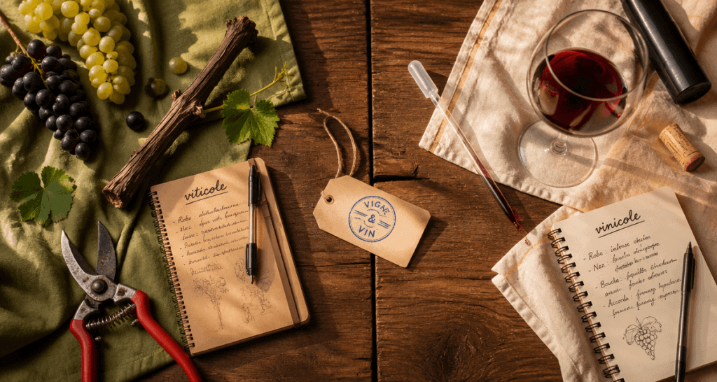 outils viticole vinicole sur table rustique