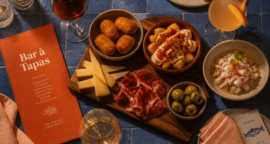 Bar a tapas avec tapas variés, vin et menu