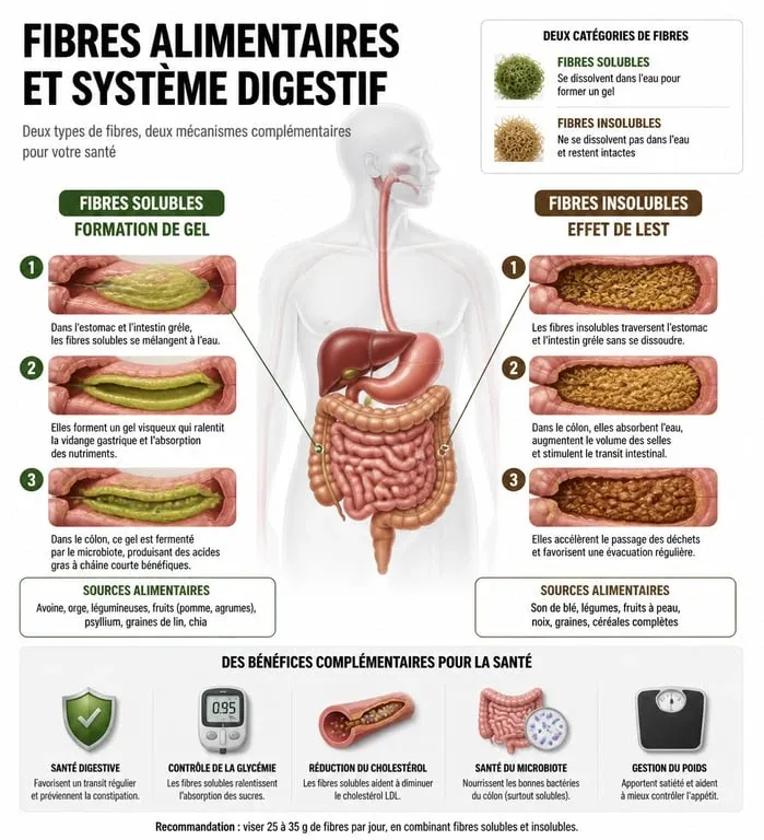 Infographie expliquant les bienfaits des fibres solubles et insolubles pour la santé digestive et la consommation de boisson riche en fibre