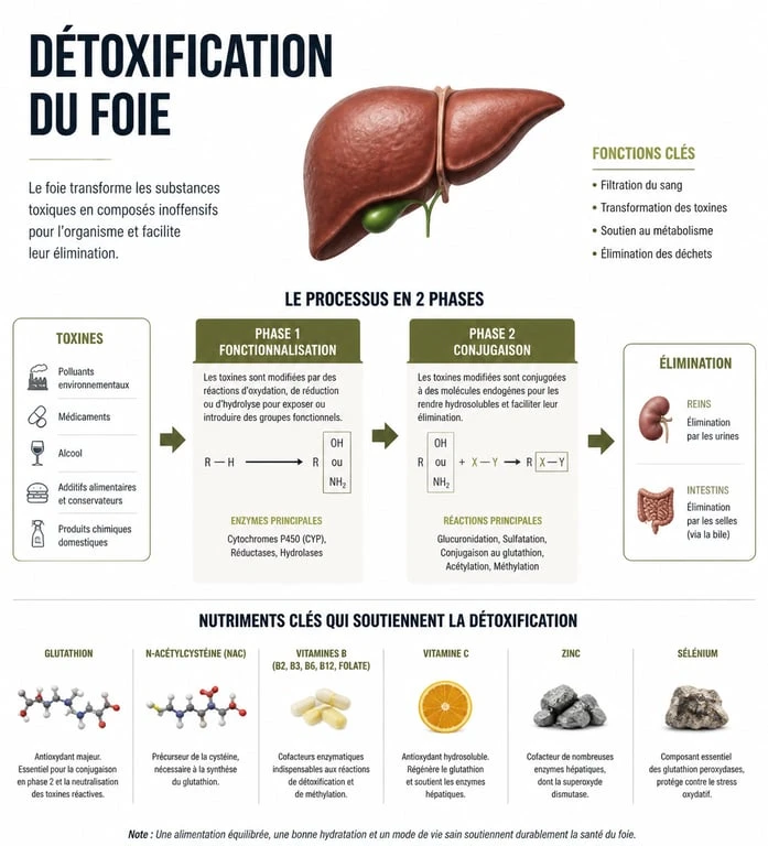 Infographie explicative du processus de détoxification du foie et des bienfaits des jus détox