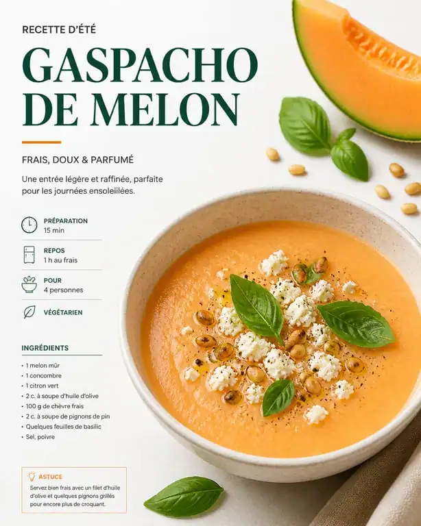 Gaspacho de melon au basilic et chèvre frais, une recette de melon estivale et rafraîchissante.